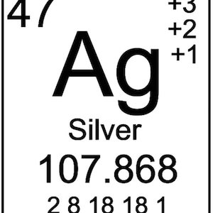 Op de afbeelding: Een zwart-witte elementkaart van het periodiek systeem voor zilver (Ag). Het atoomnummer is 47, het atoomgewicht is 107,868 en de elektronenconfiguratie is 2 8 18 18 1. De gebruikelijke oxidatietoestanden zijn +3, +2 en +1.