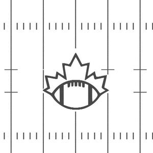 May include: Black and white line drawing of a football with a stylized maple leaf design on a white background with black lines.