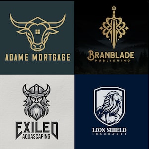 May include: Four logos with a vintage aesthetic. The top left logo features a bull's head with a house outline, and the text "ADAME MORTGAGE". The top right logo shows a sword with ornate details and the text "BRANBLADE PUBLISHING". The bottom left logo is a Viking and the text "EXILED AQUASCAPING". The bottom right logo is a lion in a shield with the text "LION SHIELD INSURANCE".