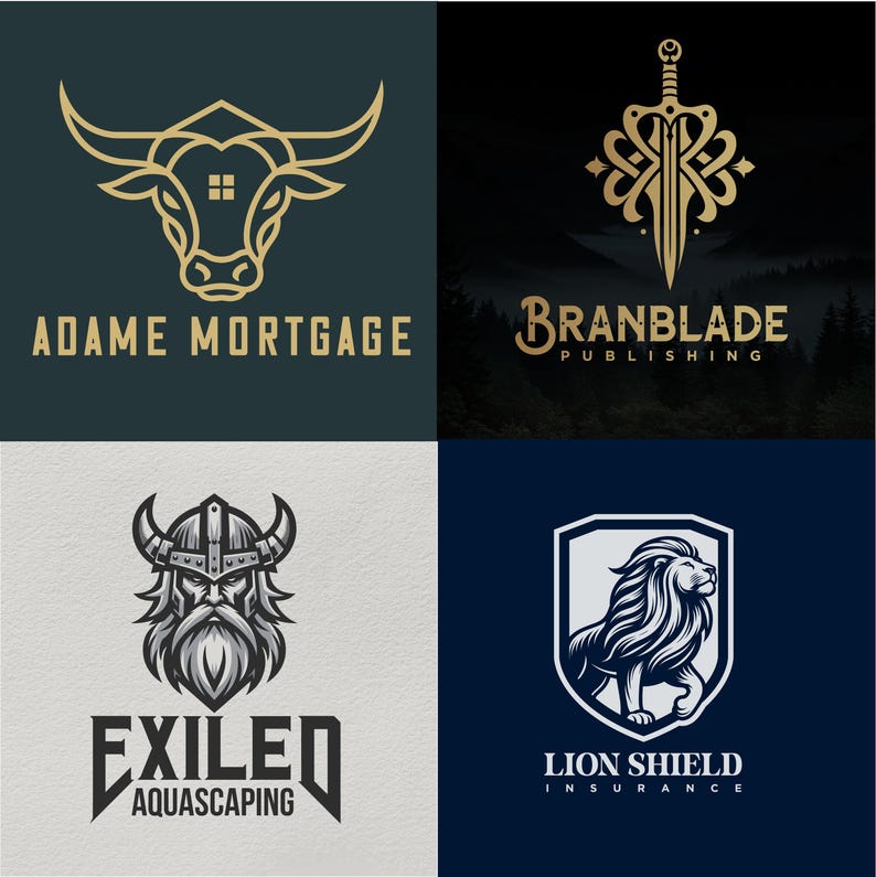 May include: Four logos with a vintage aesthetic. The top left logo features a bull's head with a house outline, and the text "ADAME MORTGAGE". The top right logo shows a sword with ornate details and the text "BRANBLADE PUBLISHING". The bottom left logo is a Viking and the text "EXILED AQUASCAPING". The bottom right logo is a lion in a shield with the text "LION SHIELD INSURANCE".