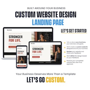 May include: A custom website design landing page service display featuring a laptop, tablet, and smartphone showing the Nora Mercer website with the text Stronger For Life. Includes a five-step process list and the text Let's Go Custom.