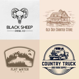 May include: Four vintage-style logos. The top left features a ram skull with the text "BLACK SHEEP DIESEL CO." The top right shows a barn with the text "OLD SKY COUNTRY STORE." The bottom left displays a mountain scene with "FLAT WATER FOWL." The bottom right shows a truck with "COUNTRY TRUCK AND FARM SUPPLY."