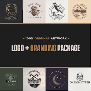 May include: A collection of logos and branding package examples. The logos feature various designs, including a dog with a duck, a raven, mountains, a crescent moon, and a skull. The text "LOGO + BRANDING PACKAGE" is displayed prominently.