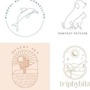 May include: Four minimalist logo designs. Top left: a teal line drawing of a dolphin within a circle, with the text "MINDFUL BLISS COUNSELLING". Top right: a line drawing of a dog and cat with the text "PAWFECT PETCARE". Bottom left: a desert scene with the text "DESERT SKY". Bottom right: a landscape with the text "tripbybits".