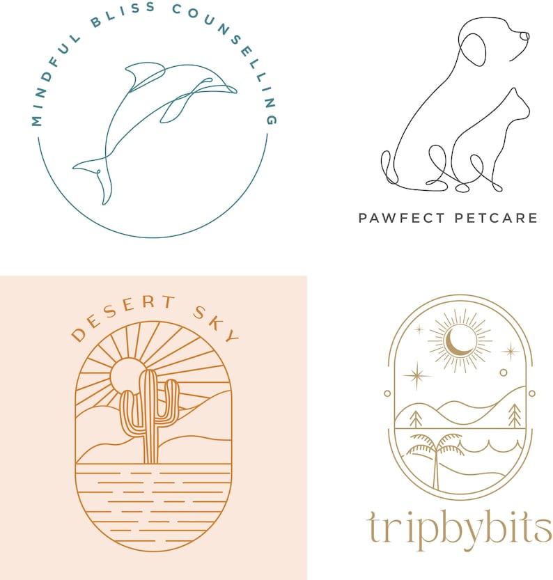 May include: Four minimalist logo designs. Top left: a teal line drawing of a dolphin within a circle, with the text "MINDFUL BLISS COUNSELLING". Top right: a line drawing of a dog and cat with the text "PAWFECT PETCARE". Bottom left: a desert scene with the text "DESERT SKY". Bottom right: a landscape with the text "tripbybits".