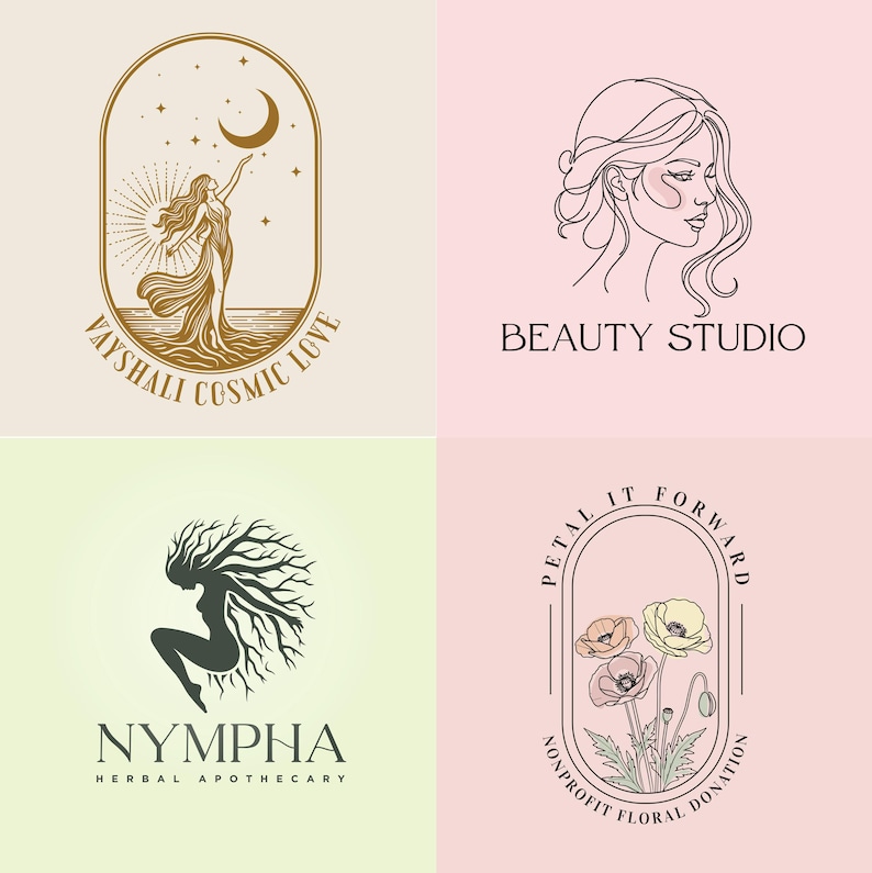 May include: Four logos on a light background. The logos include a woman reaching for the moon, a woman's profile, a woman with tree-like hair, and a floral design. Text includes "Vayshali Cosmic Love", "Beauty Studio", "Nympha Herbal Apothecary", and "Petal It Forward Nonprofit Floral Donation."
