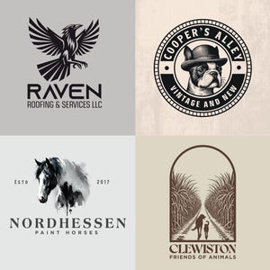 May include: Four logos on a light background. The top left logo features a black raven with outstretched wings above the text "RAVEN ROOFING & SERVICES LLC." The top right logo is a dog wearing a hat with the text "COOPER'S ALLEY VINTAGE AND NEW." The bottom left logo is a horse with the text "NORDHESSEN PAINT HORSES." The bottom right logo is a dog and a child with the text "CLEWISTON FRIENDS OF ANIMALS."