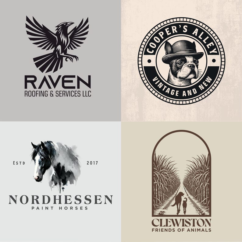 May include: Four logos on a light background. The top left logo features a black raven with outstretched wings above the text "RAVEN ROOFING & SERVICES LLC." The top right logo is a dog wearing a hat with the text "COOPER'S ALLEY VINTAGE AND NEW." The bottom left logo is a horse with the text "NORDHESSEN PAINT HORSES." The bottom right logo is a dog and a child with the text "CLEWISTON FRIENDS OF ANIMALS."