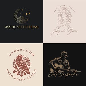May include: Four logo designs. Top left: Gold crescent moon, stars, and lotus flower with "Mystic Meditations" text. Top right: Line art of woman with scissors, "Hair Color & Design" and "Lady with Shears" text. Bottom left: Brown raven in floral circle with "Darkbloom Embroidery Studio" text. Bottom right: Silhouette of man playing guitar with "Cort Carpenter" text.