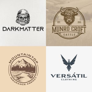 May include: Four logo designs on a white and tan background. The logos include a skull in a space helmet with the text "DARKMATTER", a bull with the text "MUNRO CROFT CATTLE", a mountain landscape with the text "MOUNTAINTOP INSURANCE AGENCY", and a bird with the text "VERS&Aacute;TIL CLOTHING".