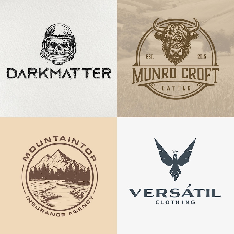 May include: Four logo designs on a white and tan background. The logos include a skull in a space helmet with the text "DARKMATTER", a bull with the text "MUNRO CROFT CATTLE", a mountain landscape with the text "MOUNTAINTOP INSURANCE AGENCY", and a bird with the text "VERS&Aacute;TIL CLOTHING".