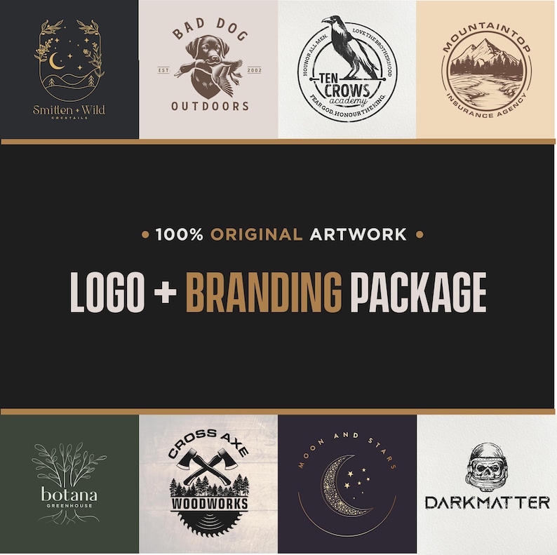 May include: A selection of logos and branding designs. The image showcases diverse logo examples, such as a dog with a duck, a raven, a mountain scene, and botanical illustrations. Text includes "LOGO + BRANDING PACKAGE" and "100% ORIGINAL ARTWORK."