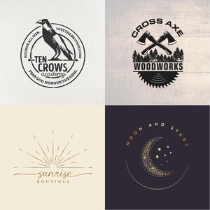 May include: Four logo designs. Top left: a raven in a circle with text. Top right: crossed axes, trees, and a saw blade. Bottom left: sunburst design with text. Bottom right: crescent moon and stars.