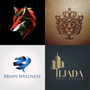 May include: Four logos are displayed. The top left features a stylized fox head in red, green, and white against a black background. The top right shows a lion with a crown. The bottom left logo says "BRAIN WELLNESS". The bottom right logo says "TEJADA REAL ESTATE".