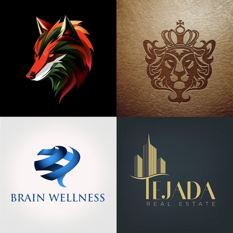 May include: Four logos are displayed. The top left features a stylized fox head in red, green, and white against a black background. The top right shows a lion with a crown. The bottom left logo says "BRAIN WELLNESS". The bottom right logo says "TEJADA REAL ESTATE".