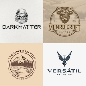 May include: Four logo designs on a white and tan background. The logos include a skull in a space helmet with the text "DARKMATTER", a bull with the text "MUNRO CROFT CATTLE", a mountain landscape with the text "MOUNTAINTOP INSURANCE AGENCY", and a bird with the text "VERS&Aacute;TIL CLOTHING".