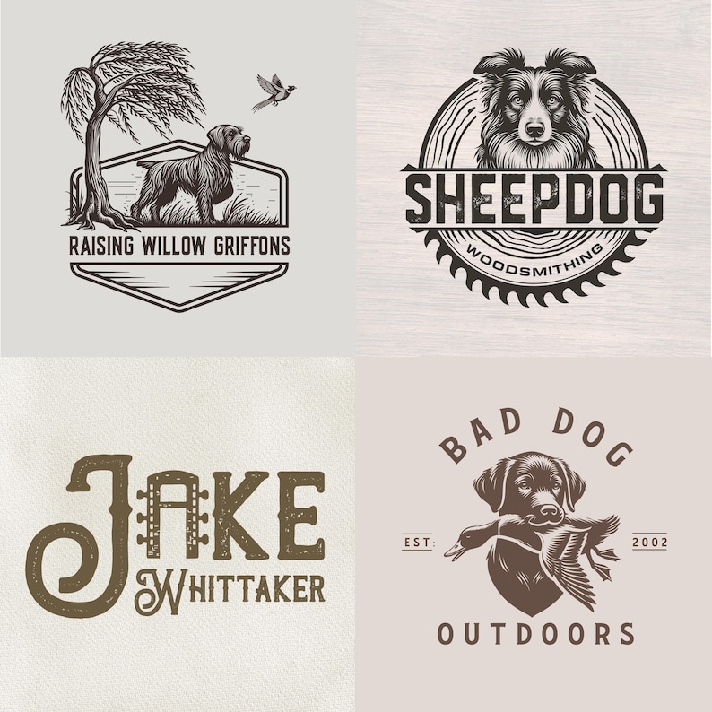 May include: Four vintage-style logos featuring dogs. One logo reads "Raising Willow Griffons" with a dog under a tree. Another says "Sheepdog Woodsmithing". The third says "Jake Whittaker". The last says "Bad Dog Outdoors".