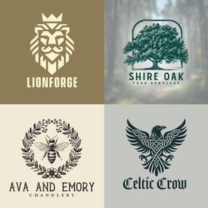 May include: Four logos on a neutral background. Top left: a geometric lion with the text "LIONFORGE". Top right: a tree inside a frame with "SHIRE OAK TREE SERVICES". Bottom left: a bee in a wreath with "AVA AND EMORY CHANDLERY". Bottom right: a Celtic raven with "Celtic Crow".