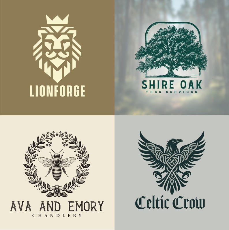 May include: Four logos on a neutral background. Top left: a geometric lion with the text "LIONFORGE". Top right: a tree inside a frame with "SHIRE OAK TREE SERVICES". Bottom left: a bee in a wreath with "AVA AND EMORY CHANDLERY". Bottom right: a Celtic raven with "Celtic Crow".