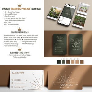 May include: A branding package mockup featuring a phone, business cards, and social media mockups. The design includes the text "botana" and "sunrise boutique" with a colour palette of green, brown, and black. The package includes custom logo designs and social media items.