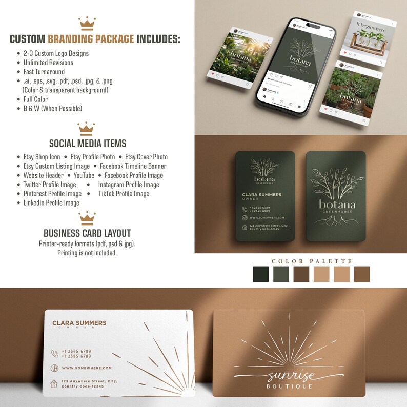 May include: A branding package mockup featuring a phone, business cards, and social media mockups. The design includes the text "botana" and "sunrise boutique" with a colour palette of green, brown, and black. The package includes custom logo designs and social media items.