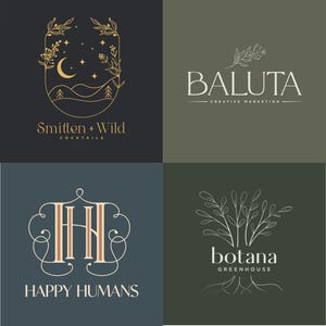 May include: Four logo designs on a dark background. The logos include text and botanical illustrations. The logos are for "Smitten + Wild Cocktails", "Baluta Creative Marketing", "Happy Humans", and "Botana Greenhouse". The color palette includes gold, white, and shades of green and blue.