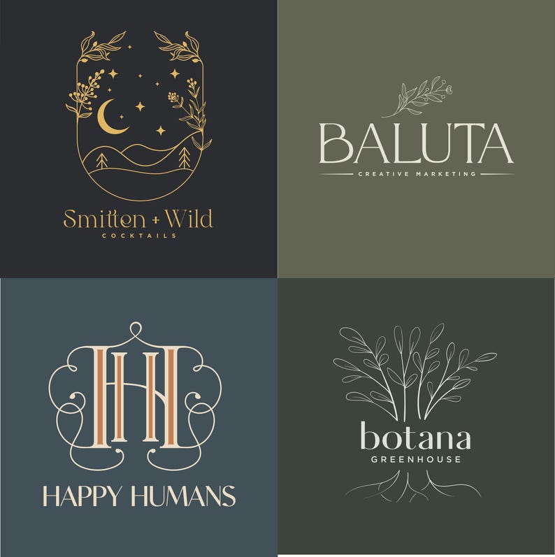 May include: Four logo designs on a dark background. The logos include text and botanical illustrations. The logos are for "Smitten + Wild Cocktails", "Baluta Creative Marketing", "Happy Humans", and "Botana Greenhouse". The color palette includes gold, white, and shades of green and blue.