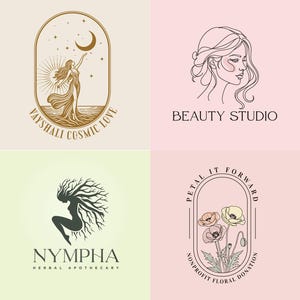 May include: Four logos on a light background. The logos include a woman reaching for the moon, a woman's profile, a woman with tree-like hair, and a floral design. Text includes "Vayshali Cosmic Love", "Beauty Studio", "Nympha Herbal Apothecary", and "Petal It Forward Nonprofit Floral Donation".