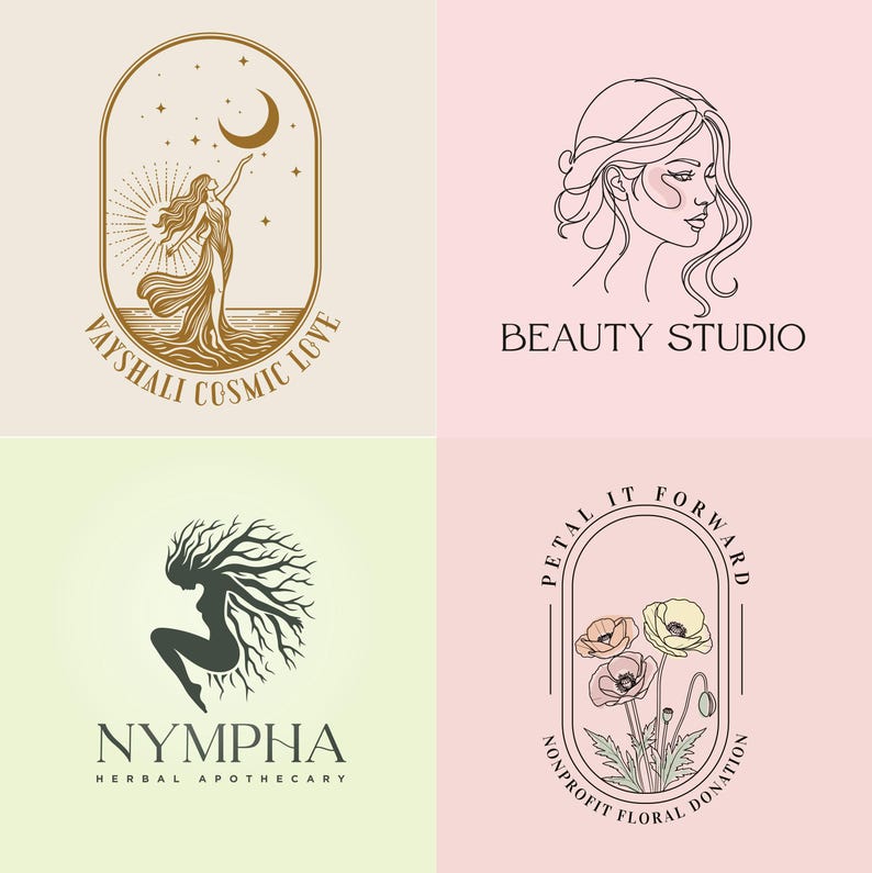 May include: Four logos on a light background. The logos include a woman reaching for the moon, a woman's profile, a woman with tree-like hair, and a floral design. Text includes "Vayshali Cosmic Love", "Beauty Studio", "Nympha Herbal Apothecary", and "Petal It Forward Nonprofit Floral Donation".