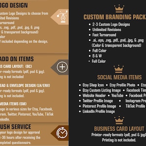 May include: An advertisement for graphic design services, featuring text on a brown and black background. Services include logo design, custom branding, and social media items. File formats and turnaround times are listed.