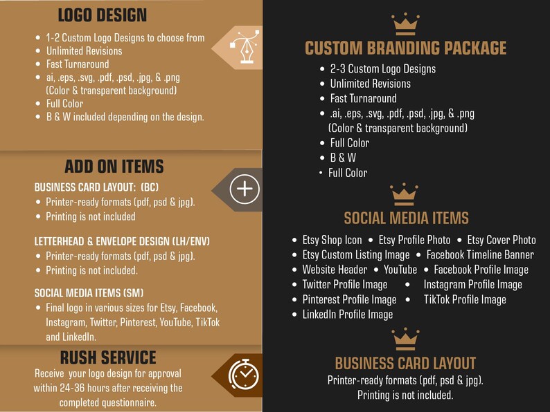 May include: An advertisement for graphic design services, featuring text on a brown and black background. Services include logo design, custom branding, and social media items. File formats and turnaround times are listed.