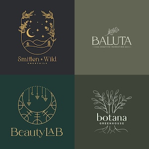 May include: Four logo designs in gold and white on a dark background. The logos feature botanical and celestial elements, with text including "Smitten + Wild Cocktails", "Baluta Creative Marketing", "Beauty Lab", and "Botana Greenhouse".