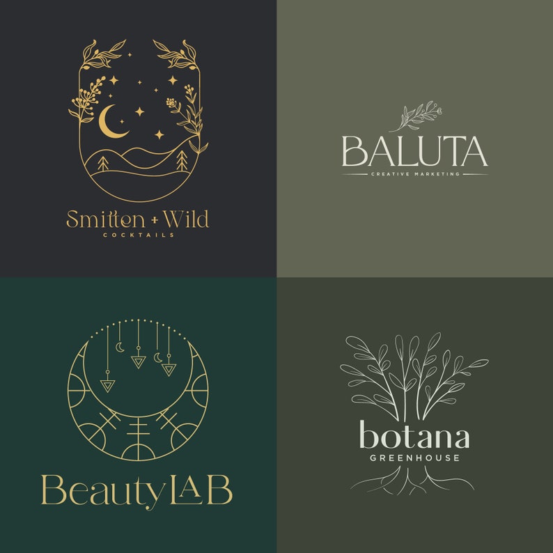 May include: Four logo designs in gold and white on a dark background. The logos feature botanical and celestial elements, with text including "Smitten + Wild Cocktails", "Baluta Creative Marketing", "Beauty Lab", and "Botana Greenhouse".