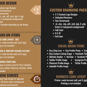 May include: A graphic design services advertisement with text on a brown and black background. Services include logo design, custom branding packages, and social media items. The image lists file formats and turnaround times.