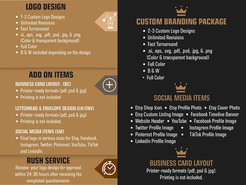May include: A graphic design services advertisement with text on a brown and black background. Services include logo design, custom branding packages, and social media items. The image lists file formats and turnaround times.