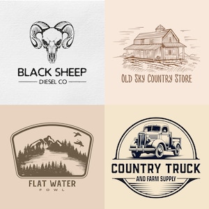 May include: Four vintage-style logos. The top left features a ram skull with the text "BLACK SHEEP DIESEL CO." The top right shows a barn with the text "OLD SKY COUNTRY STORE." The bottom left displays a mountain scene with "FLAT WATER FOWL." The bottom right shows a truck with "COUNTRY TRUCK AND FARM SUPPLY."