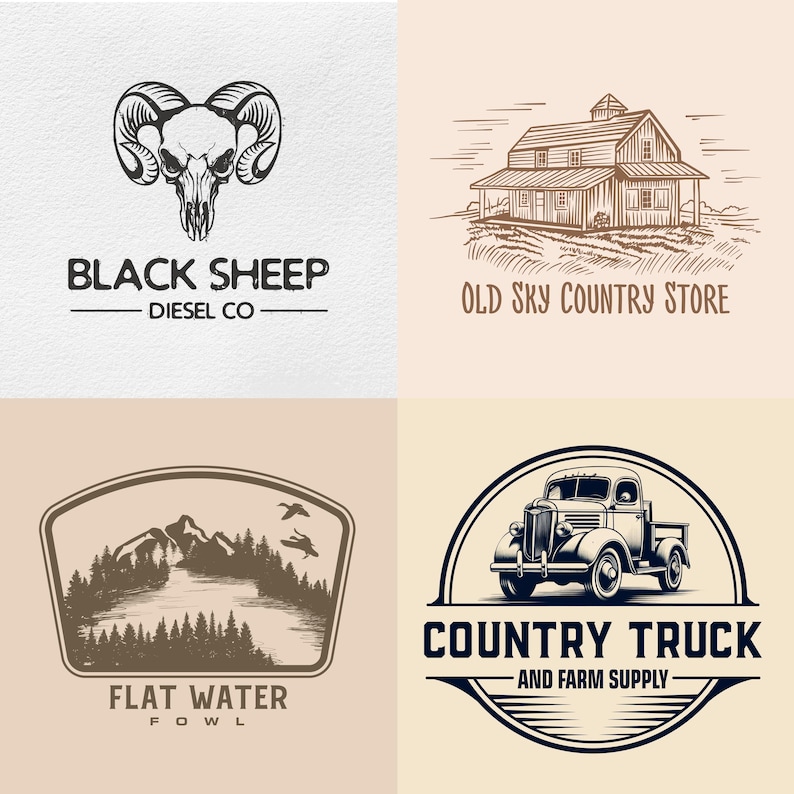 May include: Four vintage-style logos. The top left features a ram skull with the text "BLACK SHEEP DIESEL CO." The top right shows a barn with the text "OLD SKY COUNTRY STORE." The bottom left displays a mountain scene with "FLAT WATER FOWL." The bottom right shows a truck with "COUNTRY TRUCK AND FARM SUPPLY."