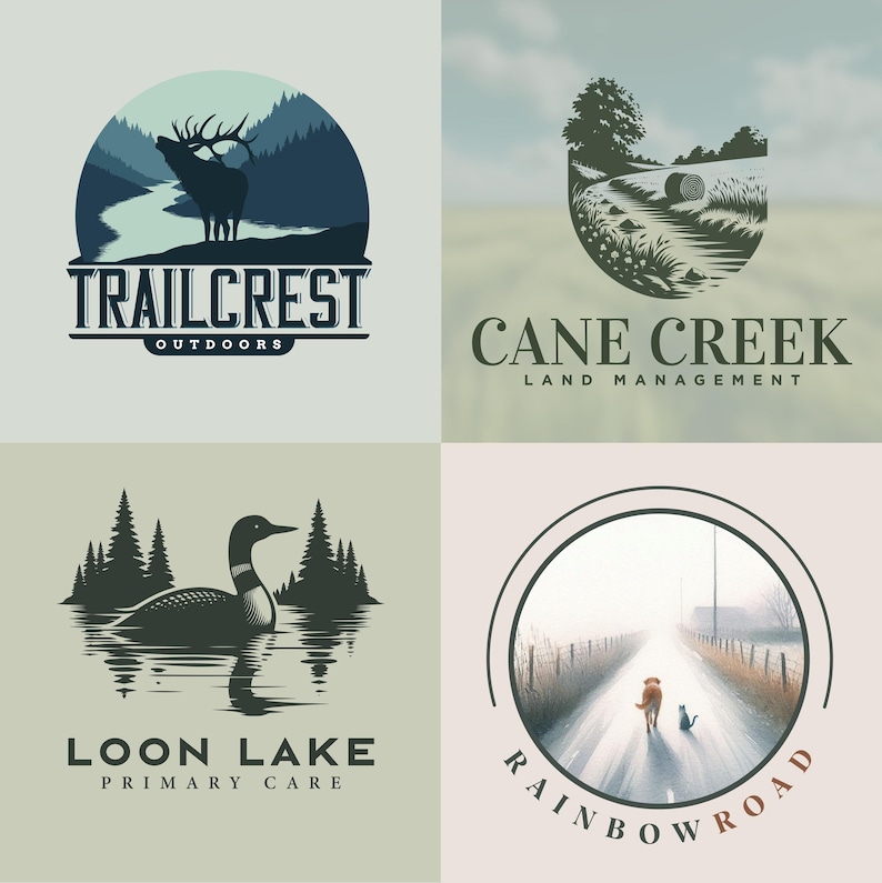 May include: Four logos with nature themes. Trailcrest Outdoors features an elk in a mountain scene. Cane Creek Land Management shows a rural landscape. Loon Lake Primary Care depicts a loon on water. Rainbow Road has a dog and cat on a road.