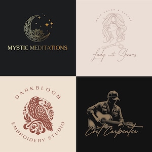May include: Four logo designs. Top left: Gold crescent moon, stars, and lotus flower with "Mystic Meditations" text. Top right: Line art of woman with scissors, "Hair Color & Design" and "Lady with Shears" text. Bottom left: Brown raven in floral circle with "Darkbloom Embroidery Studio" text. Bottom right: Silhouette of man playing guitar with "Cort Carpenter" text.