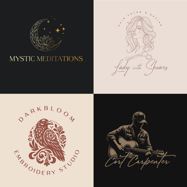 May include: Four logo designs. Top left: Gold crescent moon, stars, and lotus flower with "Mystic Meditations" text. Top right: Line art of woman with scissors, "Hair Color & Design" and "Lady with Shears" text. Bottom left: Brown raven in floral circle with "Darkbloom Embroidery Studio" text. Bottom right: Silhouette of man playing guitar with "Cort Carpenter" text.
