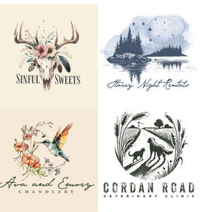 May include: Four logo designs. Top left: Skull with antlers, flowers, and text "Sinful Sweets." Top right: Landscape with trees, water, and text "Starry Night Rentals." Bottom left: Hummingbird, flowers, and text "Ava and Emory Chandlery." Bottom right: Dog, cat, road, and text "Cordan Road Veterinary Clinic."