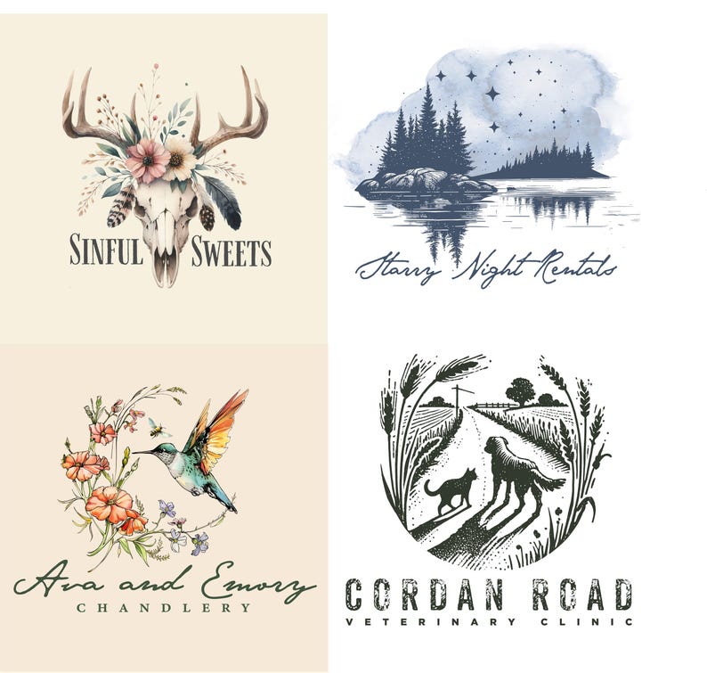 May include: Four logo designs. Top left: Skull with antlers, flowers, and text "Sinful Sweets." Top right: Landscape with trees, water, and text "Starry Night Rentals." Bottom left: Hummingbird, flowers, and text "Ava and Emory Chandlery." Bottom right: Dog, cat, road, and text "Cordan Road Veterinary Clinic."