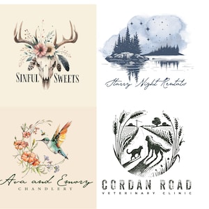 May include: Four logo designs. Top left: Skull with antlers, flowers, and text "Sinful Sweets." Top right: Landscape with trees, water, and text "Starry Night Rentals." Bottom left: Hummingbird, flowers, and text "Ava and Emory Chandlery." Bottom right: Dog, cat, road, and text "Cordan Road Veterinary Clinic."
