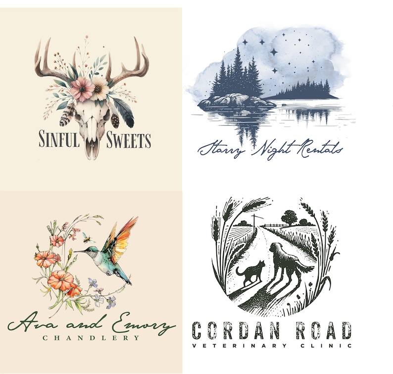 May include: Four logo designs. Top left: Skull with antlers, flowers, and text "Sinful Sweets." Top right: Landscape with trees, water, and text "Starry Night Rentals." Bottom left: Hummingbird, flowers, and text "Ava and Emory Chandlery." Bottom right: Dog, cat, road, and text "Cordan Road Veterinary Clinic."