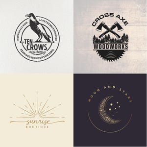May include: Four logo designs. Top left: a crow illustration within a circle, text reads "Ten Crows Academy". Top right: crossed axes above "Woodworks". Bottom left: sunburst design with "sunrise boutique". Bottom right: crescent moon and stars.