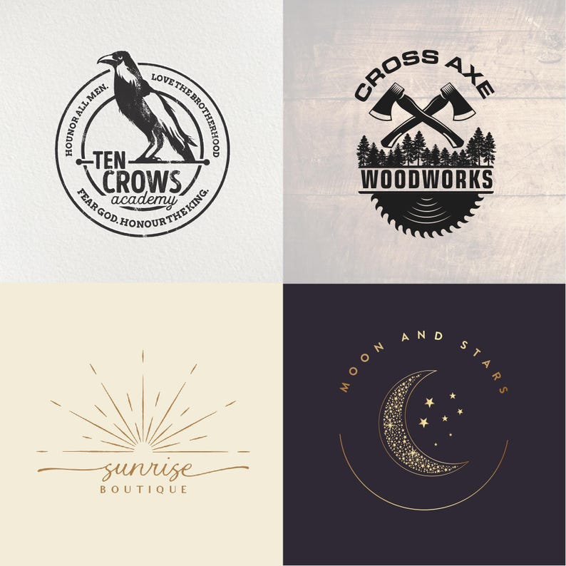 May include: Four logo designs. Top left: a crow illustration within a circle, text reads "Ten Crows Academy". Top right: crossed axes above "Woodworks". Bottom left: sunburst design with "sunrise boutique". Bottom right: crescent moon and stars.