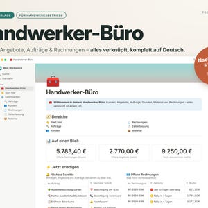 May include: A digital Notion template interface titled Handwerker-Büro for managing clients, quotes, orders, and invoices. The dashboard displays financial summaries, task lists, and project tracking with a red toolbox icon.