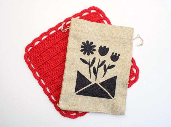 Floral Jute Drawstring Favor Bag - Glitter HTV Love Letter Design