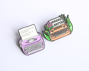 Typewriter pin, words matter lapel brooch, introvert writer book lover gift