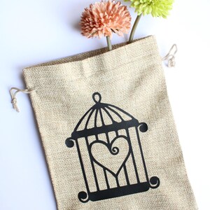 Jute Drawstring Bag: Love Cage or Rose Design, Wedding Favor Pouch image 8